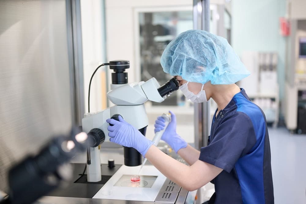Scientist culturing embryos with GM-CSF protein in media to help improve embryo implantation success